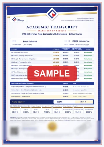 Sample IFRS 15 transcript with module results (illustrative figures)