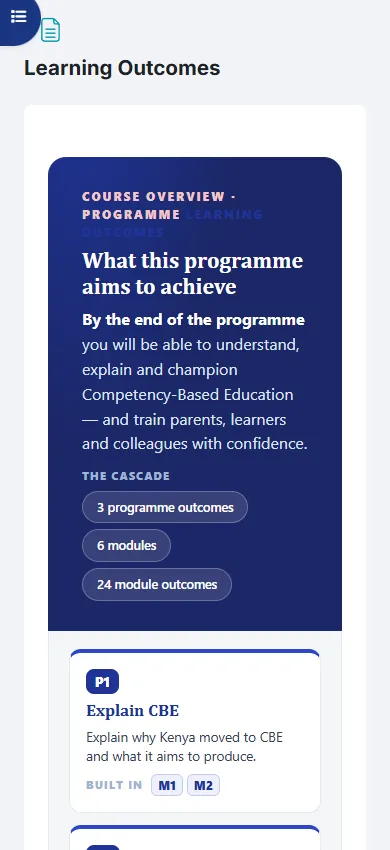 A clear welcome page lists the six modules and the three outcomes you work towards.