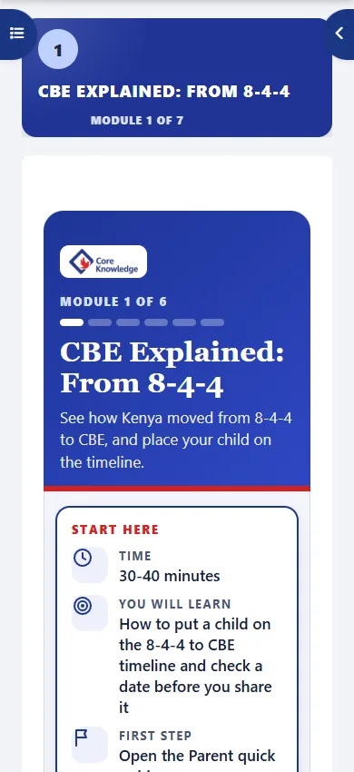 Each module opens with what you will learn, how long it takes and your first step.